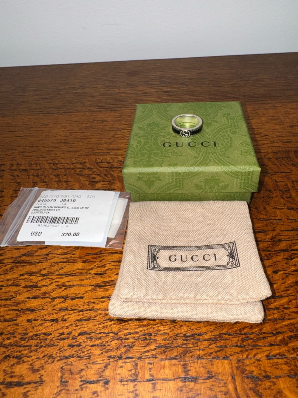 NWT Gucci Interlocking G Black Enamel Silver Ring Sz 14 (US 6.75) w/Box & Bag